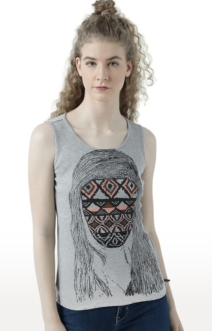 HUETRAP | Women's Grey Melange Printed Tank Top