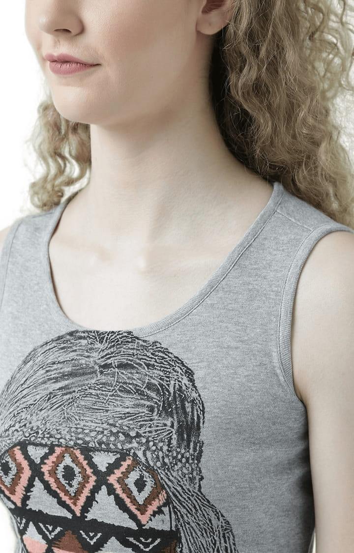Women's Grey Melange Printed Tank Top