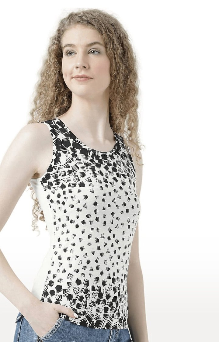 Women's Off White & Black Printed Tank Top