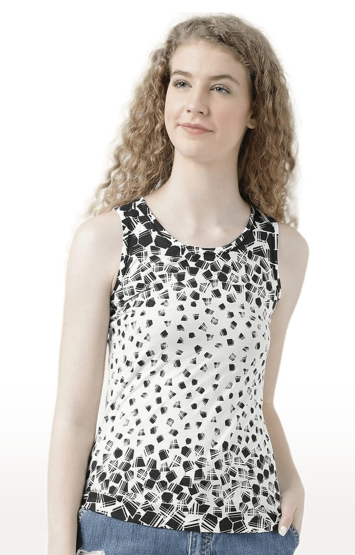 HUETRAP | Women's Off White & Black Printed Tank Top
