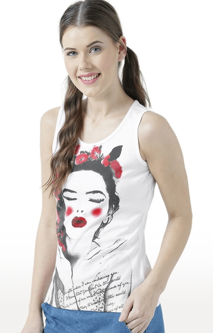 Women's White Printed Tank Top