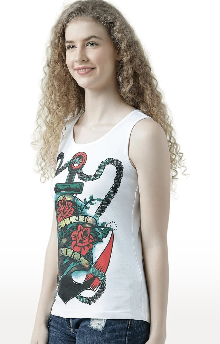 Women's White Printed Tank Top