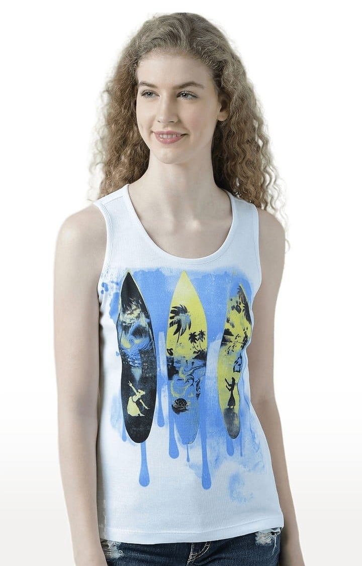 HUETRAP | Women's White & Blue Printed Tank Top
