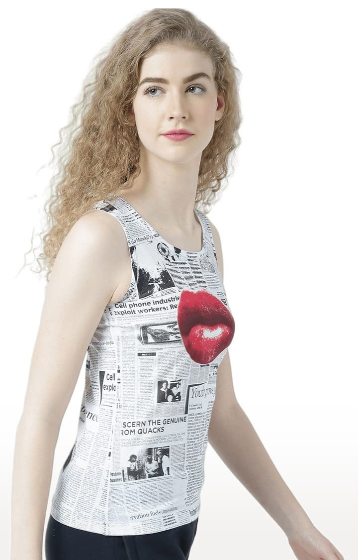 Women's White & Black Printed Tank Top