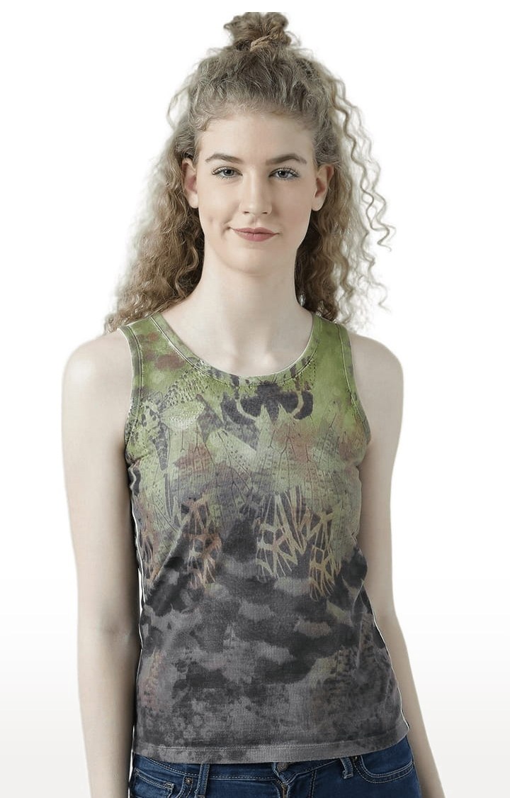 HUETRAP | Women's Green & Grey Printed Tank Top