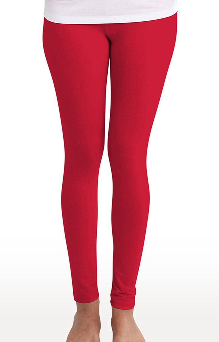 Women's Red Cotton Solid Leggings
