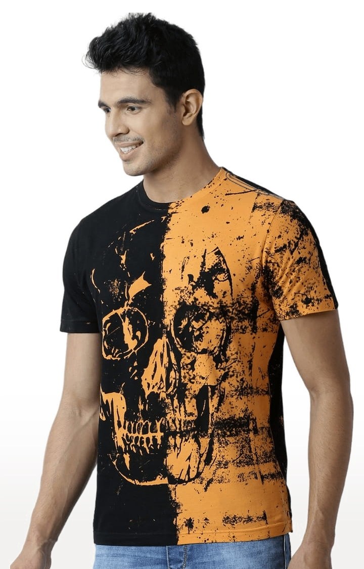 Men's Orange & Black Printed Regular T-Shirt