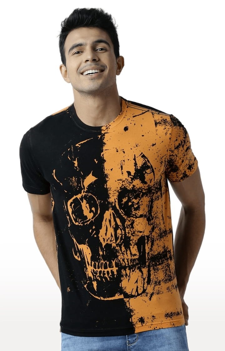 Men's Orange & Black Printed Regular T-Shirt