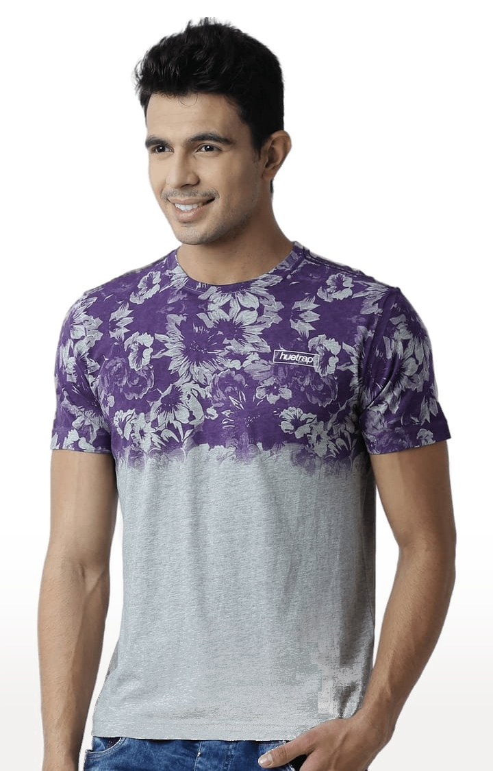 HUETRAP | Men's Grey and Purple Cotton Blend Colourblock Regular T-Shirt 2