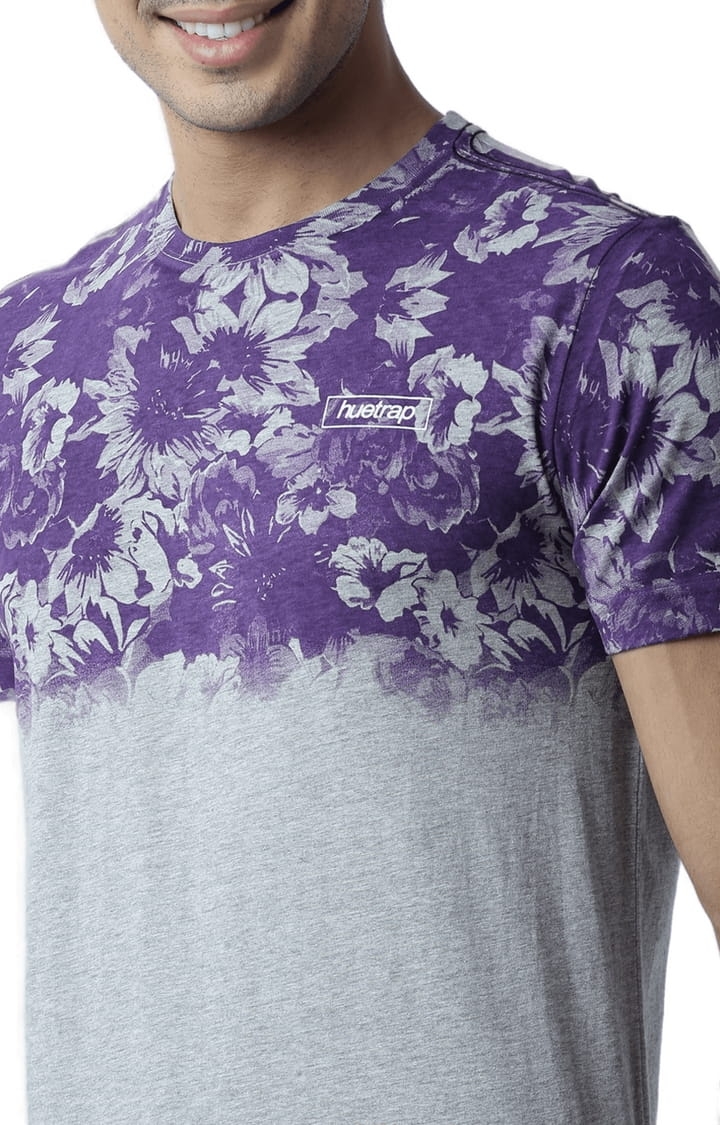 HUETRAP | Men's Grey and Purple Cotton Blend Colourblock Regular T-Shirt 4
