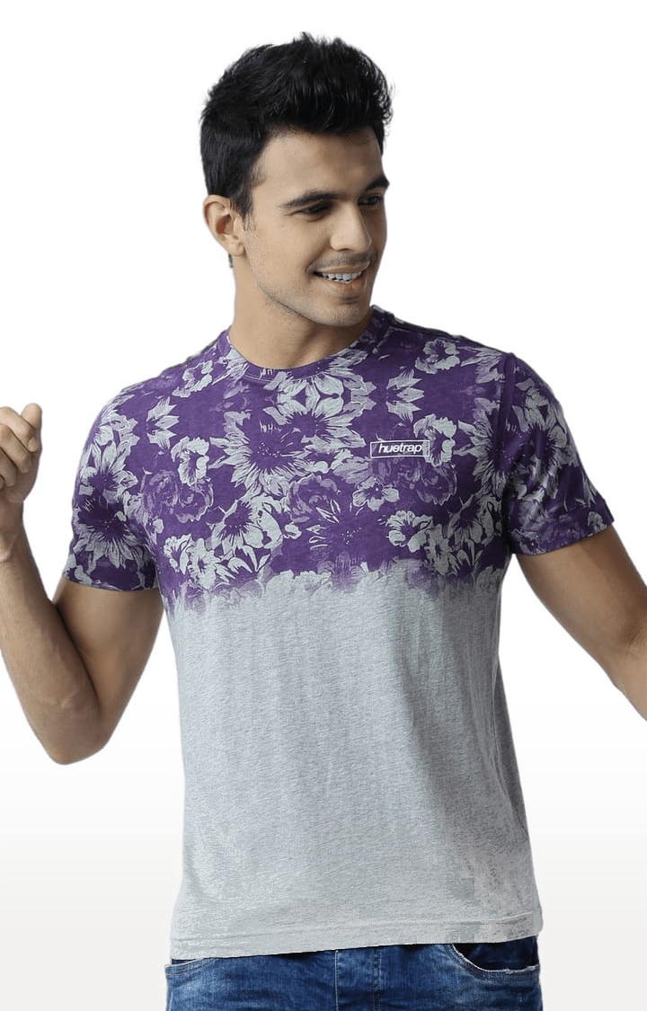 HUETRAP | Men's Grey and Purple Cotton Blend Colourblock Regular T-Shirt 0