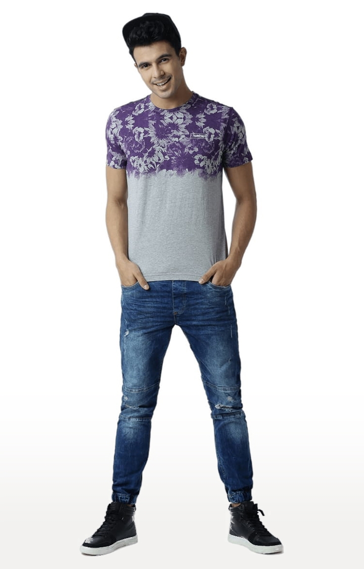 HUETRAP | Men's Grey and Purple Cotton Blend Colourblock Regular T-Shirt 1