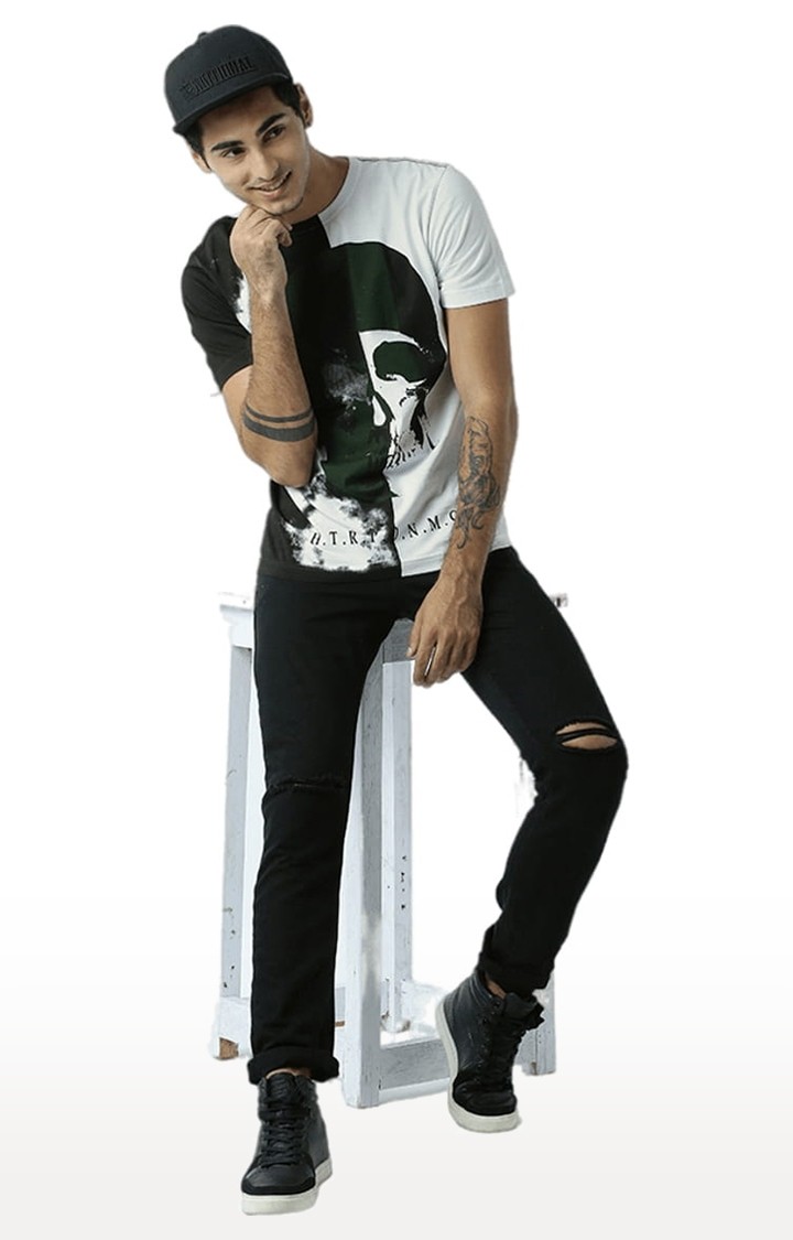 Men's Off White & Black Printed Regular T-Shirt