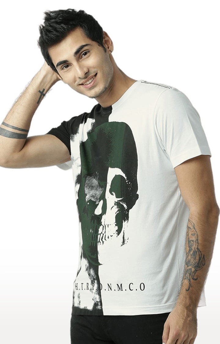 Men's Off White & Black Printed Regular T-Shirt