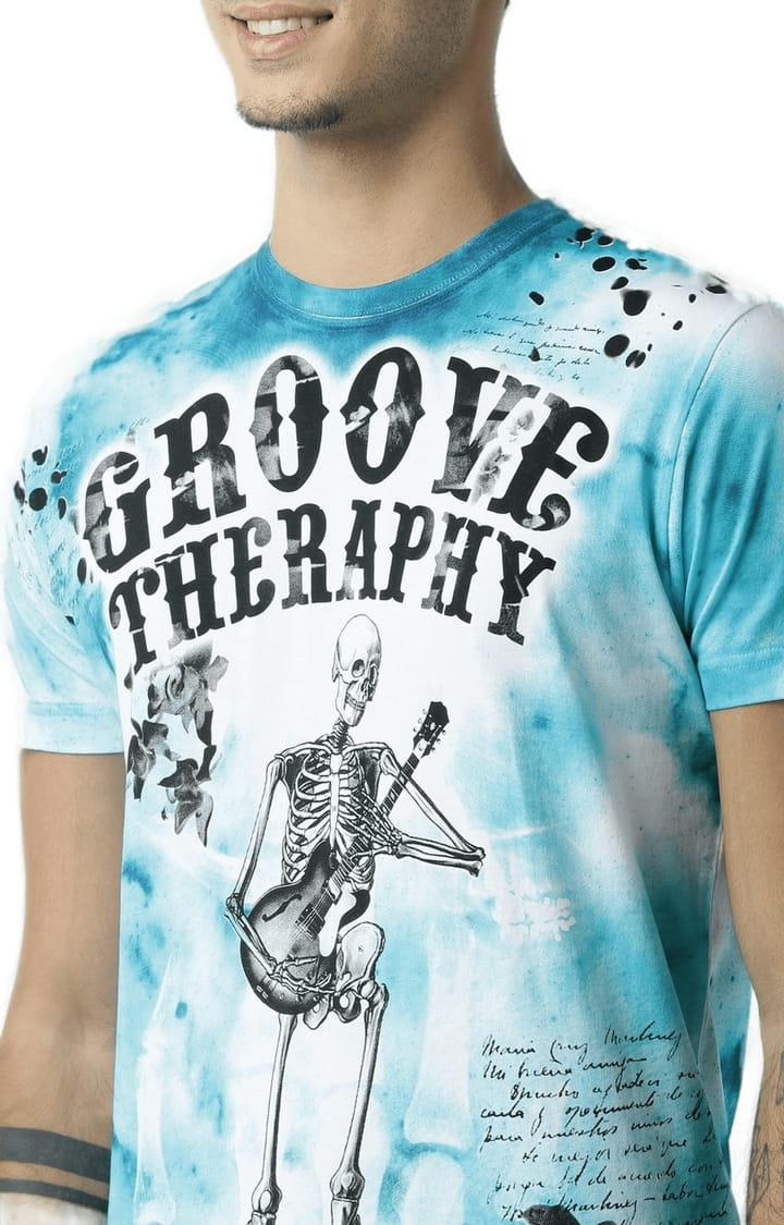 Men's White & Blue Typographic Regular T-Shirt