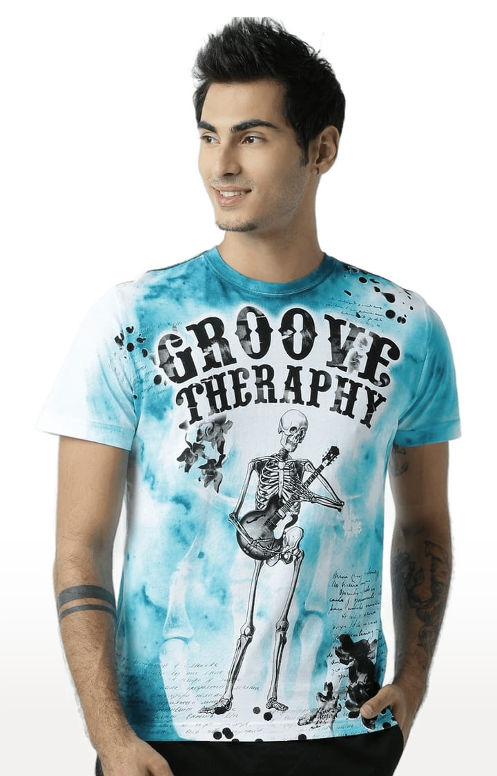 Men's White & Blue Typographic Regular T-Shirt