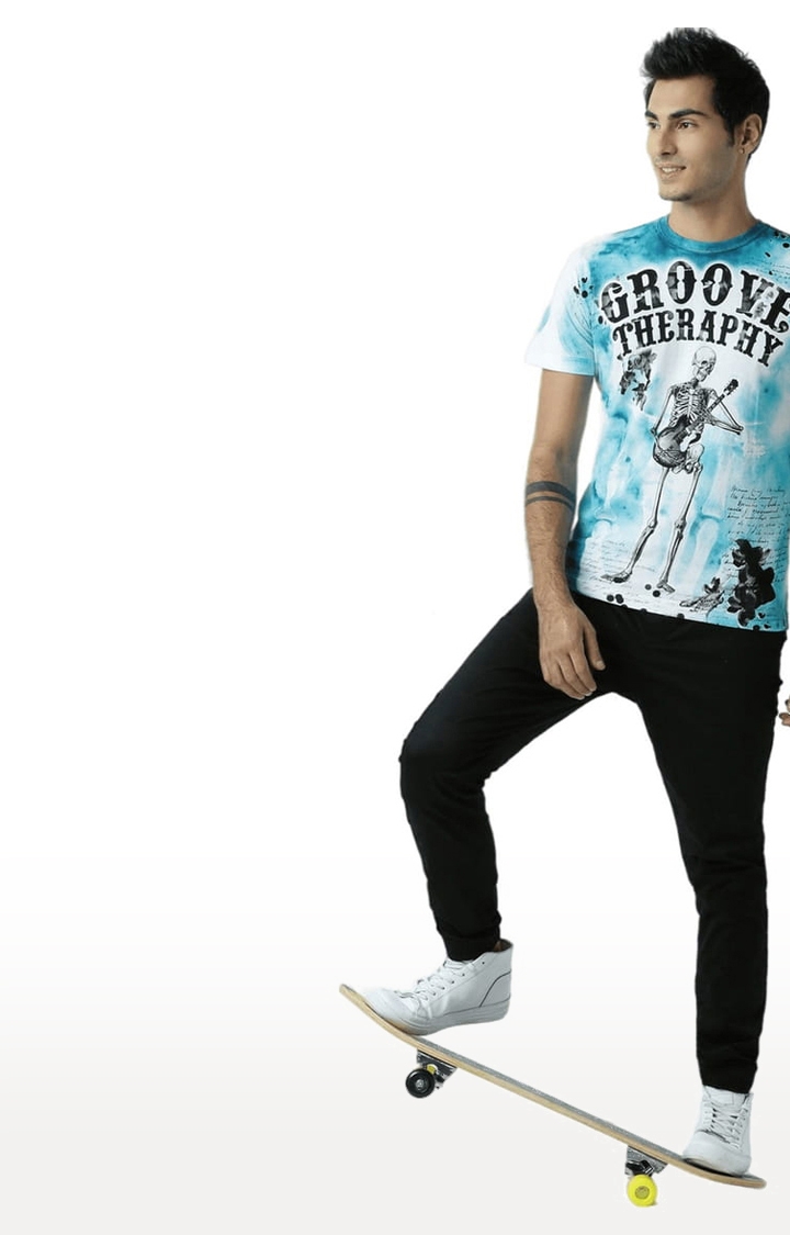 Men's White & Blue Typographic Regular T-Shirt