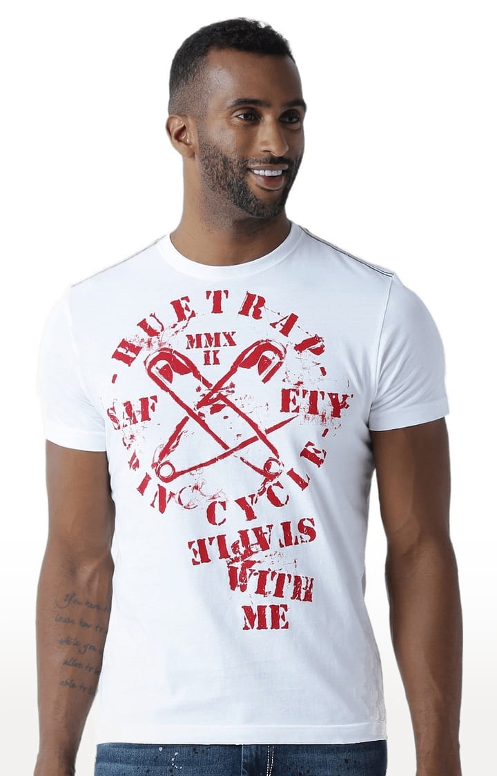 Men's White Cotton Typographic Printed Regular T-Shirt