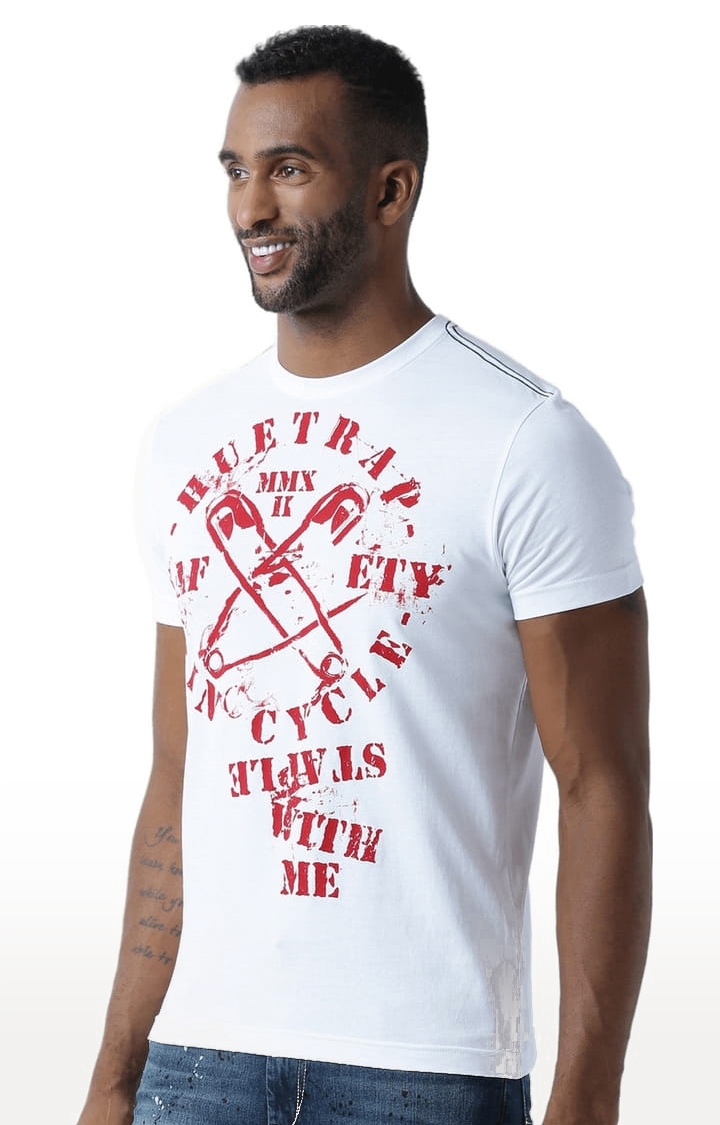Men's White Cotton Typographic Printed Regular T-Shirt
