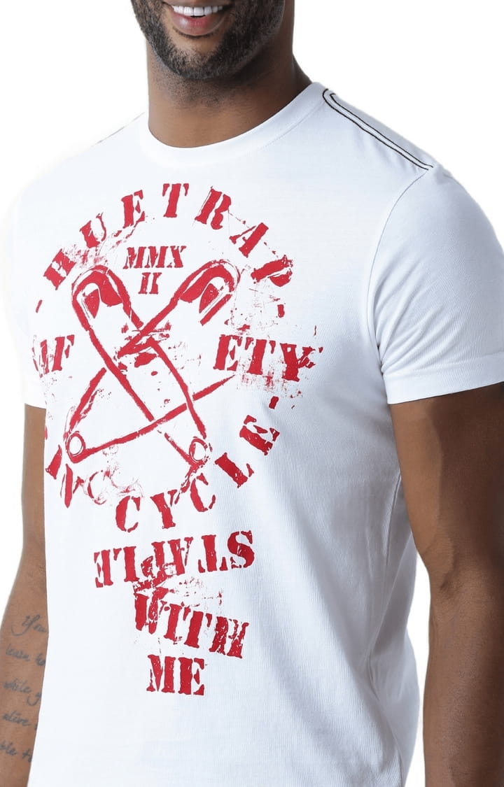 Men's White Cotton Typographic Printed Regular T-Shirt