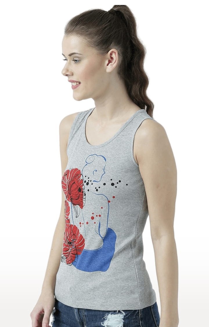 Women's Grey Melange Printed Tank Top