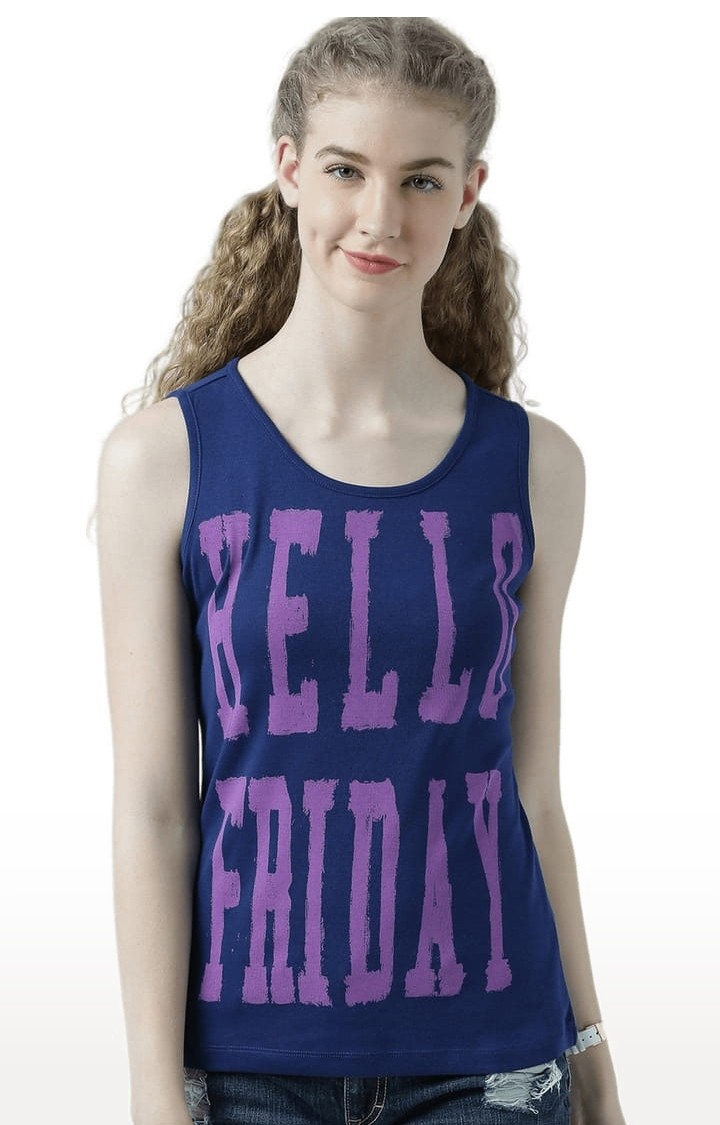HUETRAP | Women's Navy Blue Typographic Tank Top