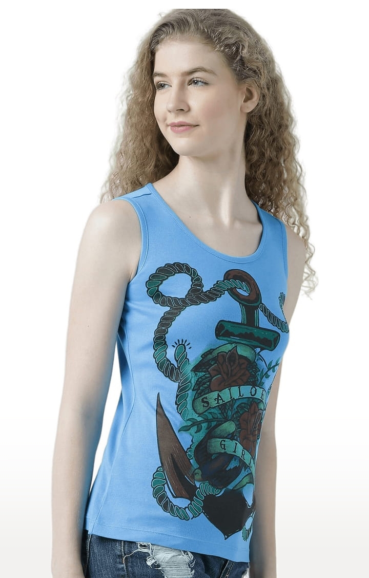 Women's Blue Printed Tank Top