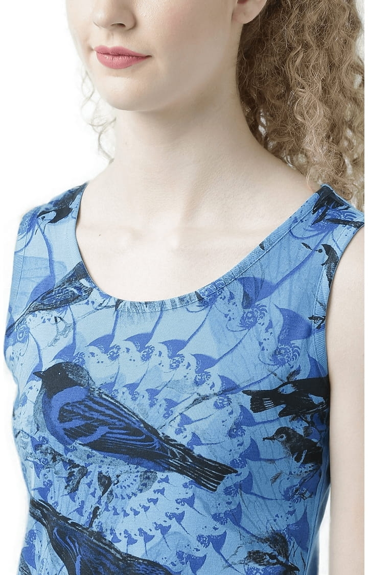 Women's Blue Cotton Printed Tank Top