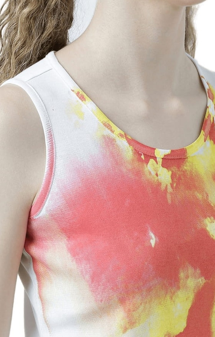 Women's White & Orange Printed Tank Top