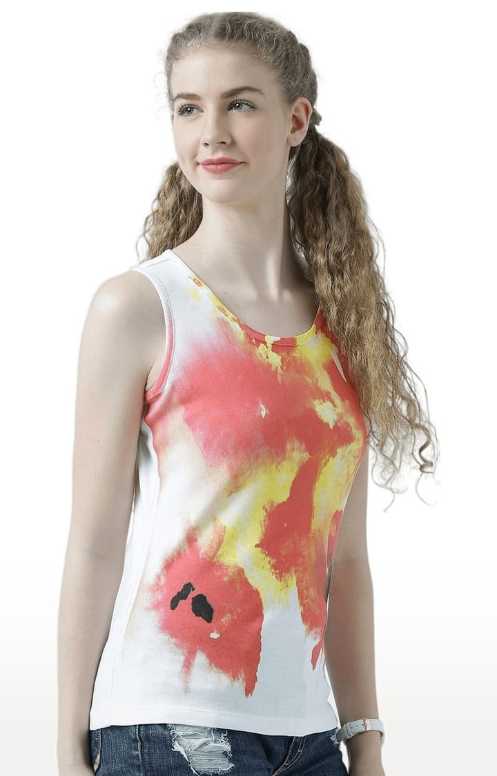 Women's White & Orange Printed Tank Top