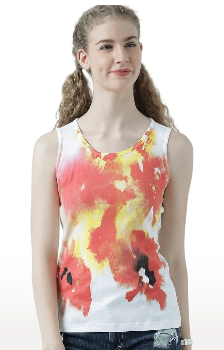 HUETRAP | Women's White & Orange Printed Tank Top