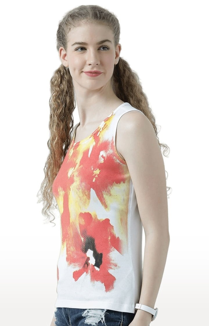 Women's White & Orange Printed Tank Top