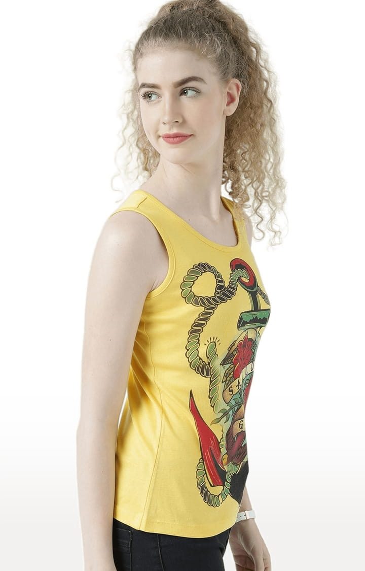 Women's Yellow Printed Tank Top