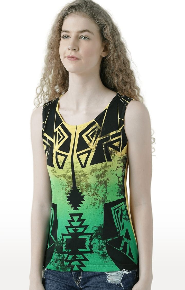 Women's Yellow & Green Printed Tank Top