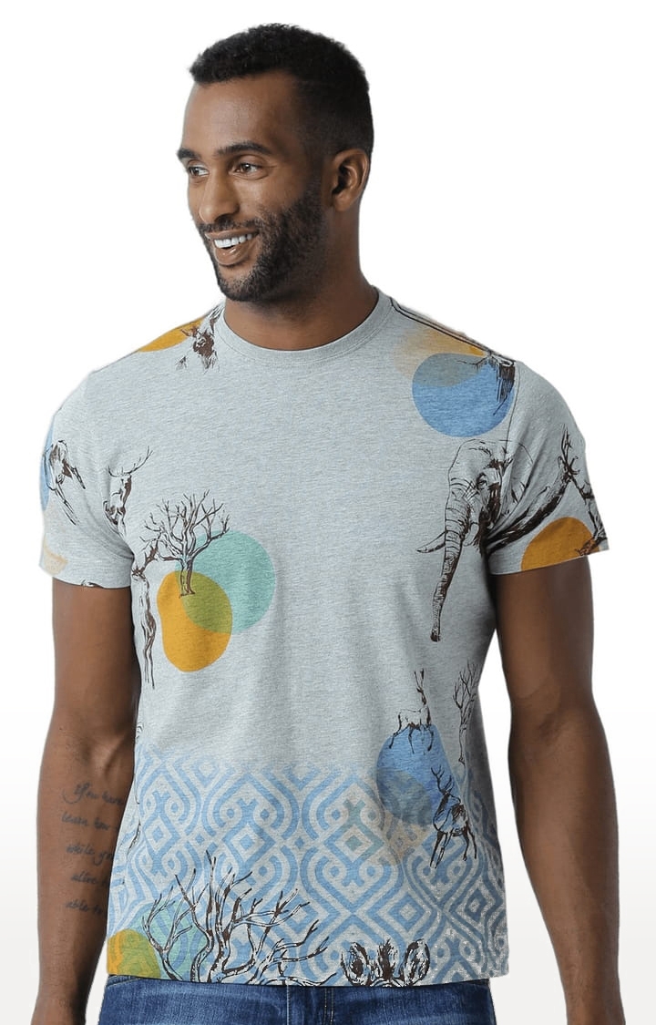 HUETRAP | Men's Grey Cotton Blend Printed Regular T-Shirt 0