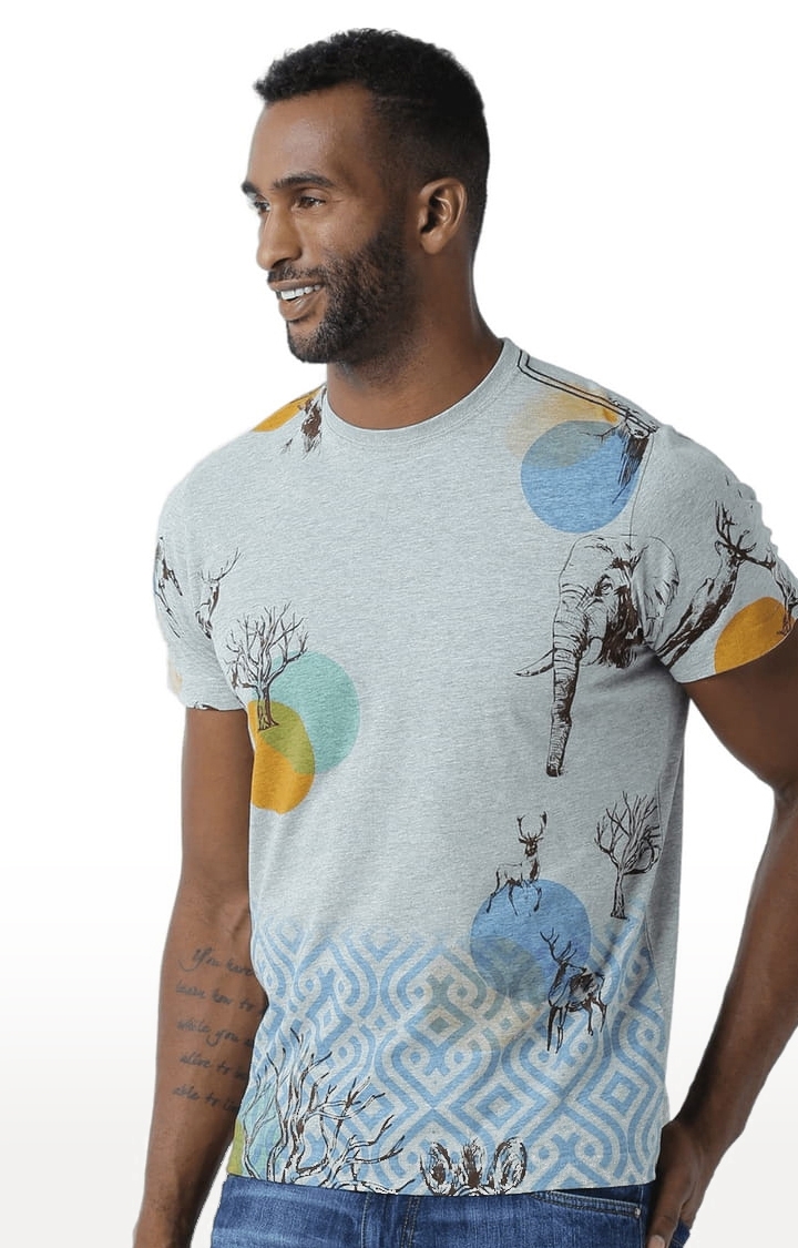 HUETRAP | Men's Grey Cotton Blend Printed Regular T-Shirt 2