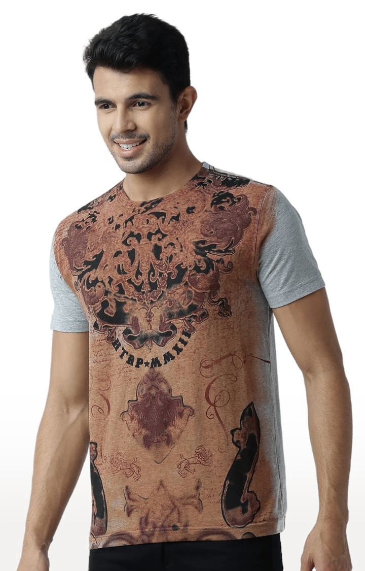 HUETRAP | Men's Grey and Brown Cotton Blend Printed Regular T-Shirt 2
