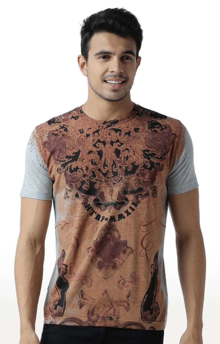 HUETRAP | Men's Grey and Brown Cotton Blend Printed Regular T-Shirt 0