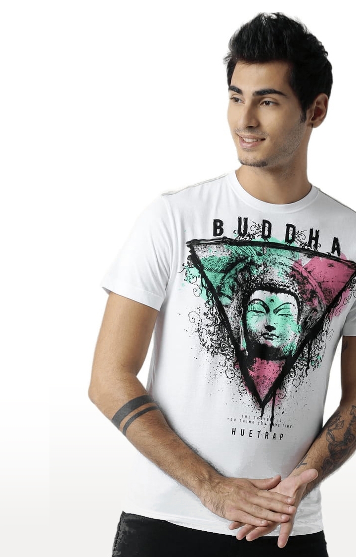 Men's White Printed Regular T-Shirt