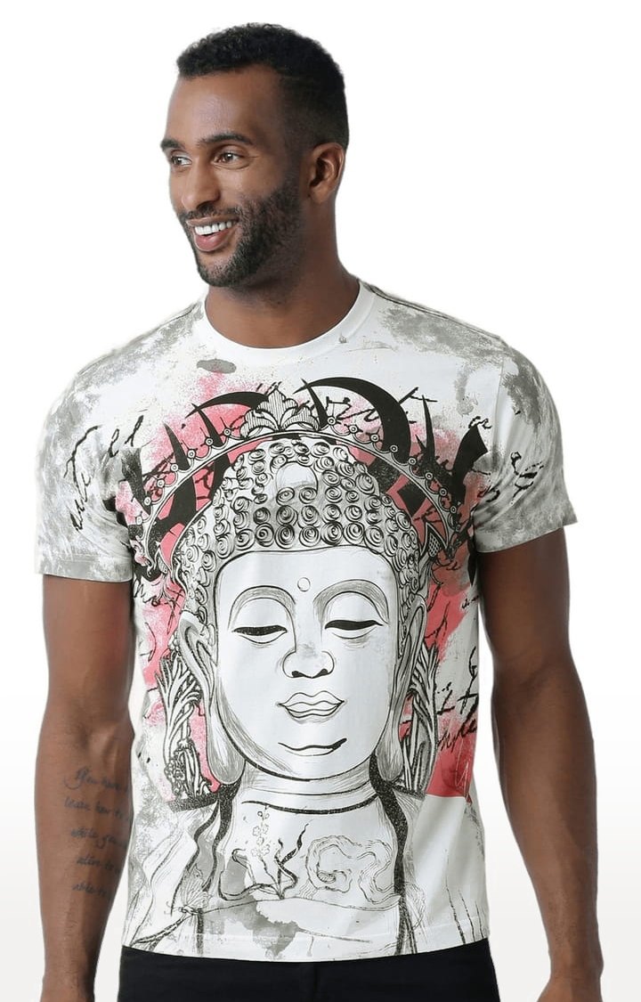 Men's White & Grey Printed Regular T-Shirt