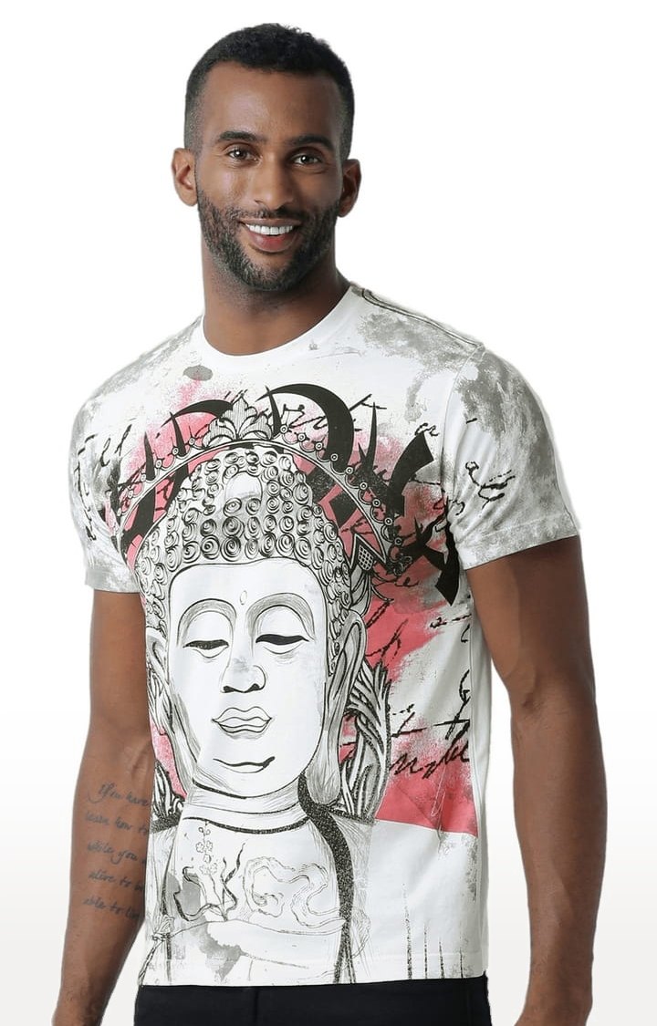 Men's White & Grey Printed Regular T-Shirt