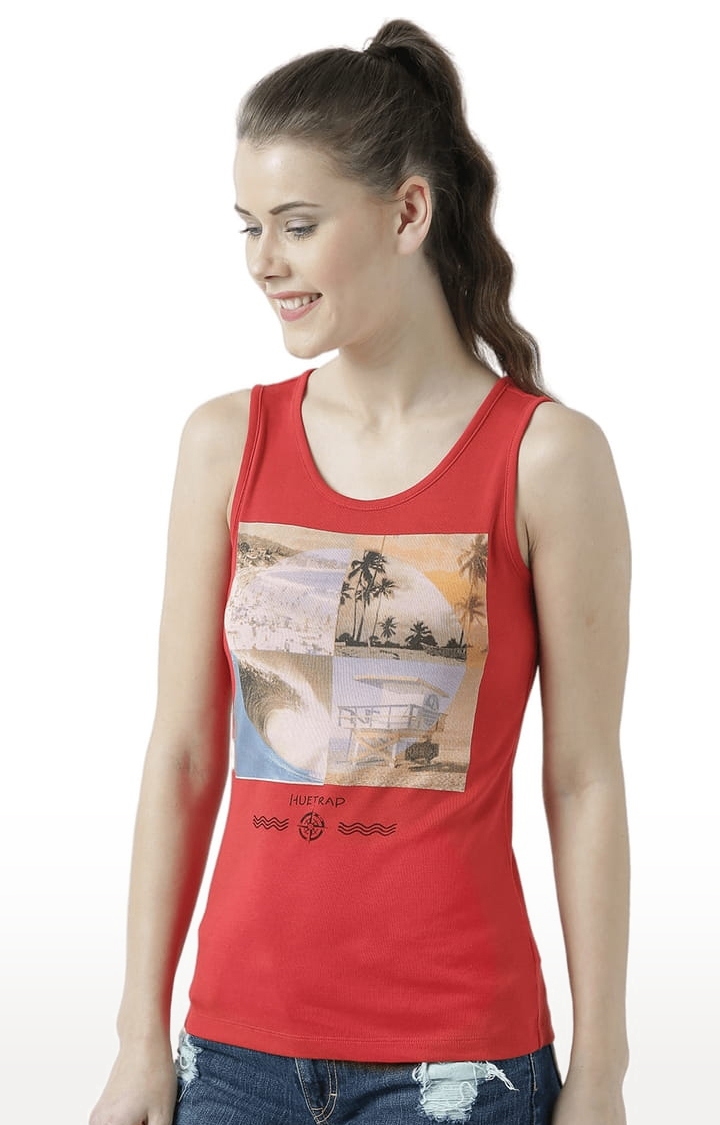 HUETRAP | Women's Red Cotton Printed Tank Top 1