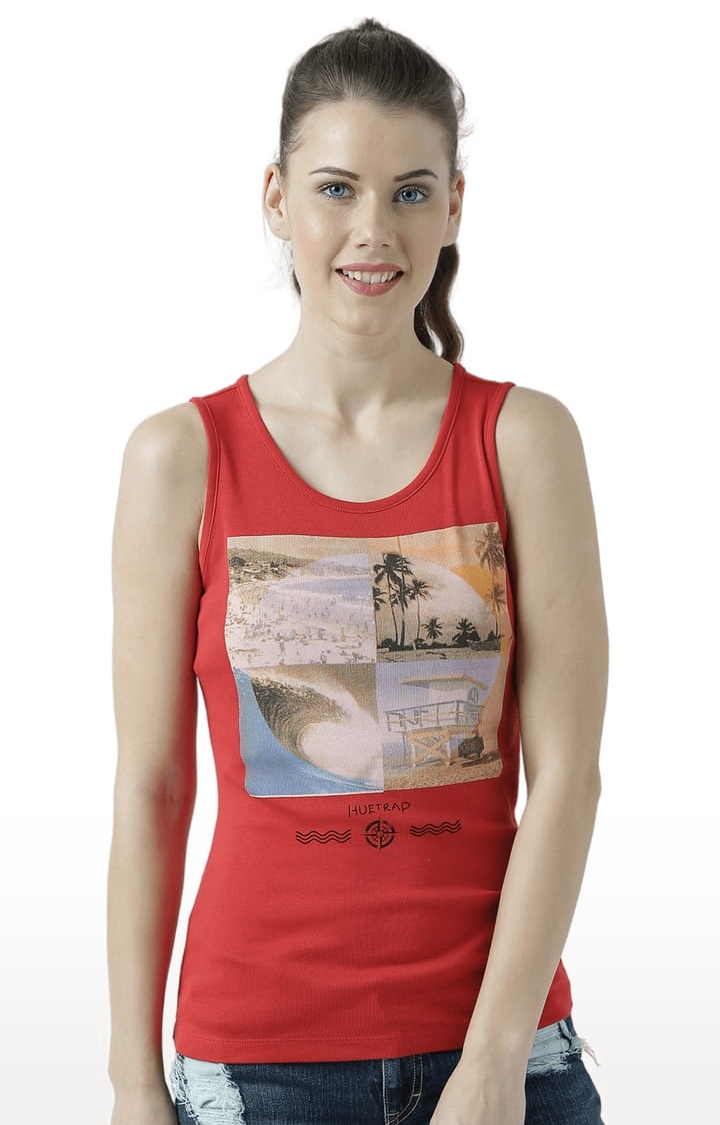 HUETRAP | Women's Red Cotton Printed Tank Top 0