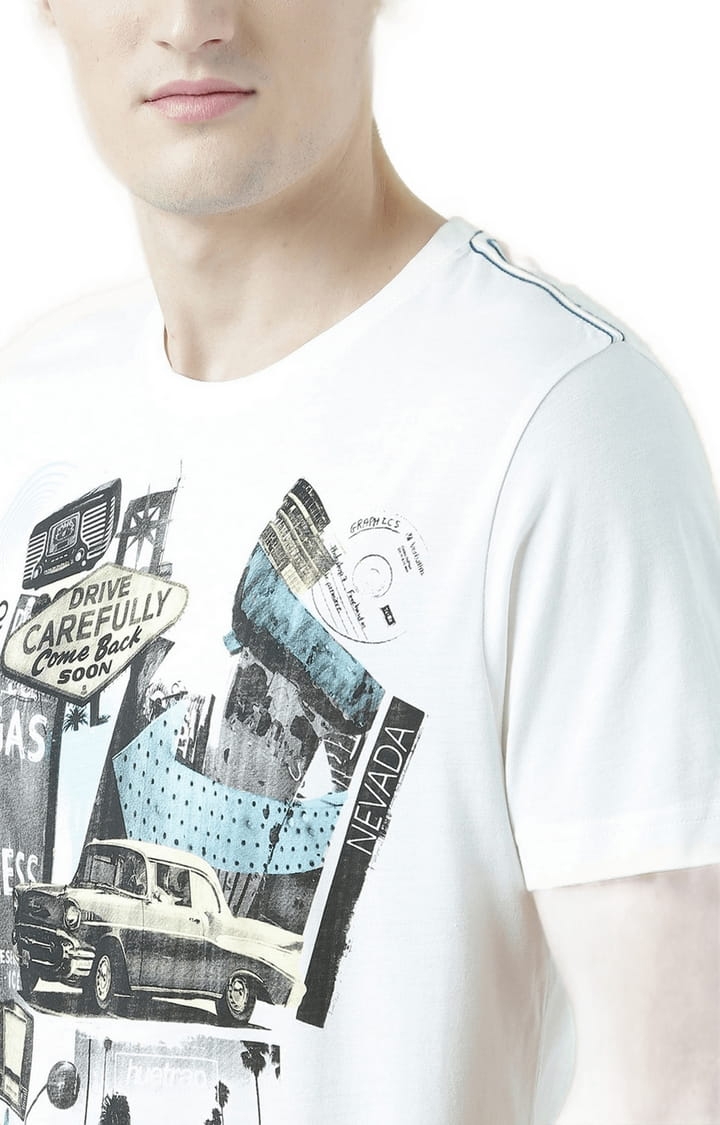 HUETRAP | Men's Off White Cotton Printed Regular T-Shirt 4