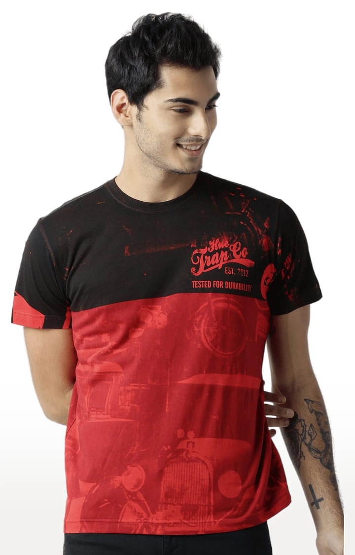 HUETRAP | Men's Red and Black Cotton Printed Regular T-Shirt 0
