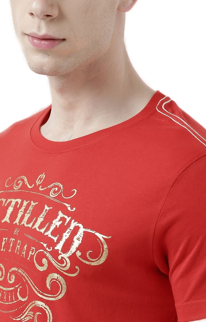 HUETRAP | Men's Red Cotton Typographic Printed Regular T-Shirt 4