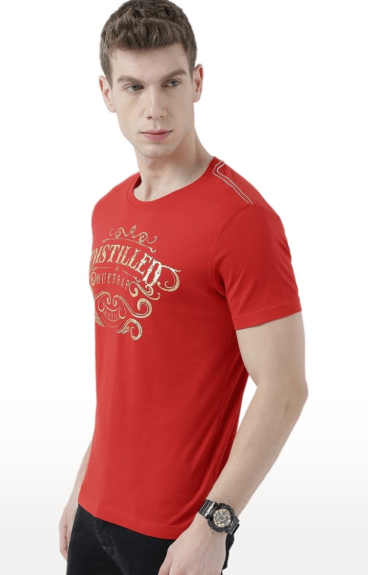 HUETRAP | Men's Red Cotton Typographic Printed Regular T-Shirt 2