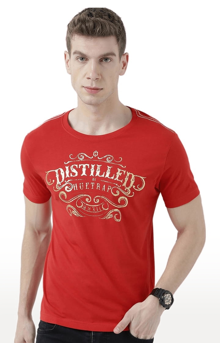 HUETRAP | Men's Red Cotton Typographic Printed Regular T-Shirt 0