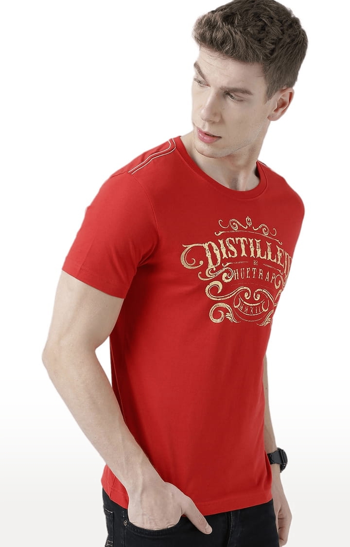 HUETRAP | Men's Red Cotton Typographic Printed Regular T-Shirt 1