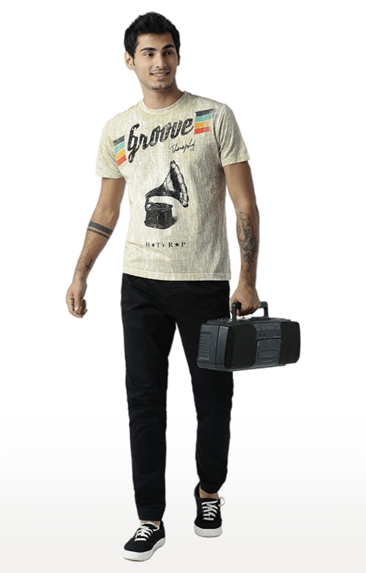 HUETRAP | Men's Beige Cotton Graphic Printed Regular T-Shirt 1